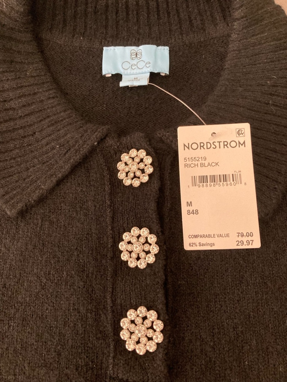CeCe Black Short-Sleeve Knit Sweater with Rhinestone Flower Buttons - Picture 6 of 6